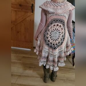 HANDMADE Bohemian Crochet Vest with Pink and Gray Accents